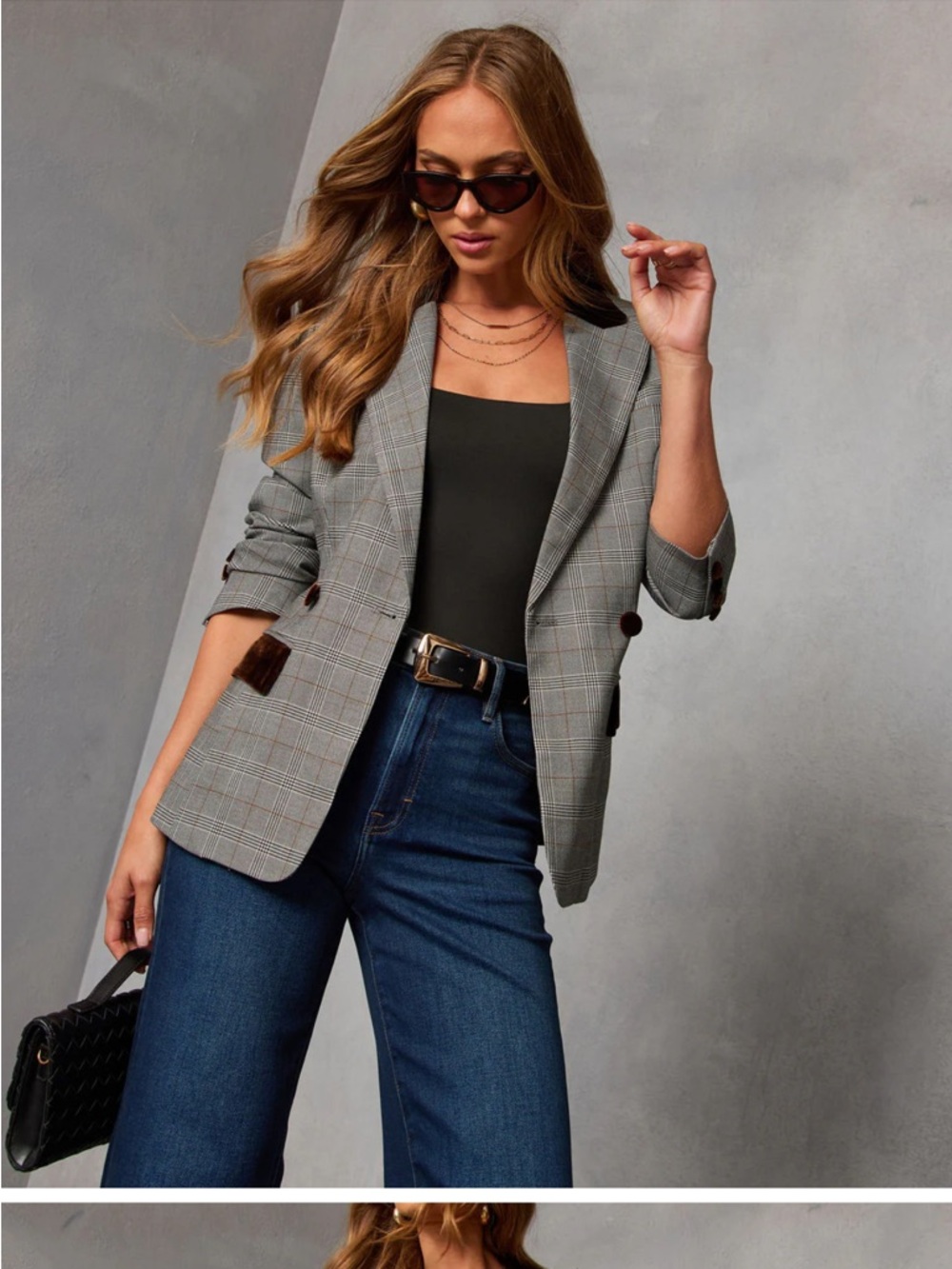Vici Gray Plaid Blazer with Contrast Trim